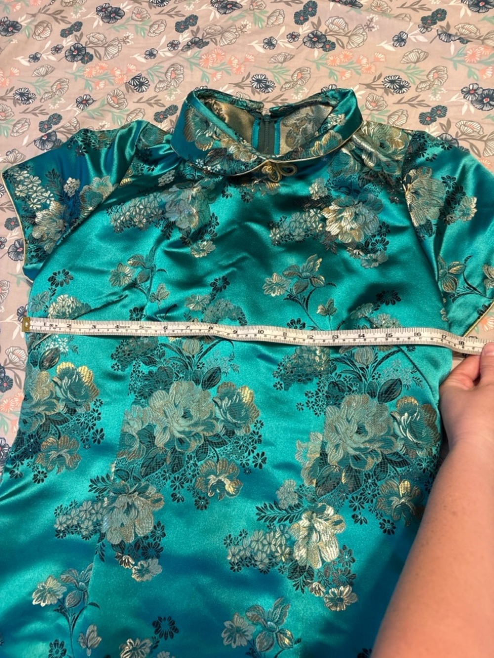 Handmade Teal Brocade Cheongsam Dress | Size 6 | 52” L | Mandarin Collar Formal - Picture 3 of 9